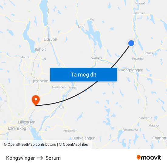 Kongsvinger to Sørum map