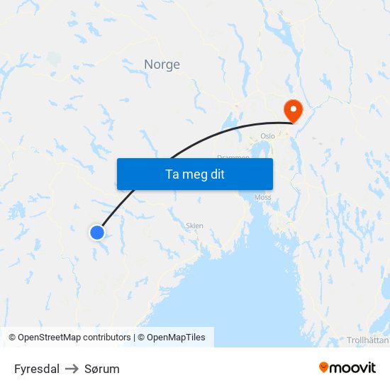 Fyresdal to Sørum map