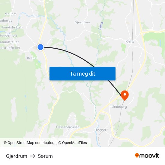 Gjerdrum to Sørum map