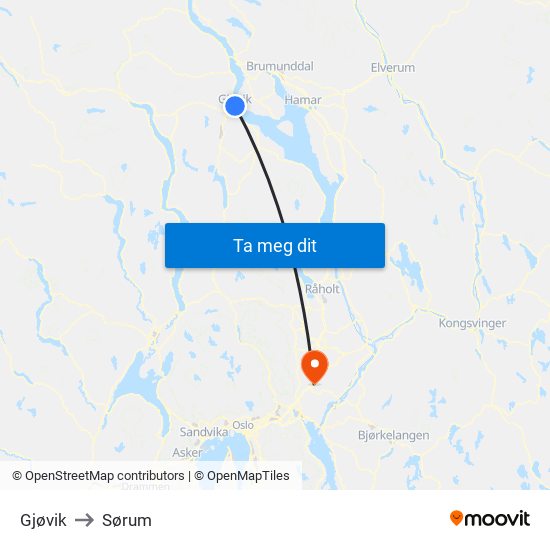Gjøvik to Sørum map
