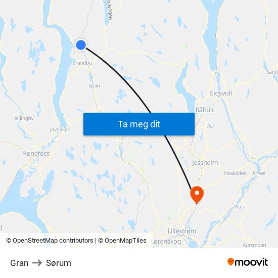 Gran to Sørum map