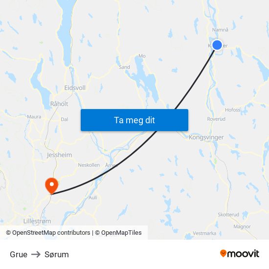 Grue to Sørum map