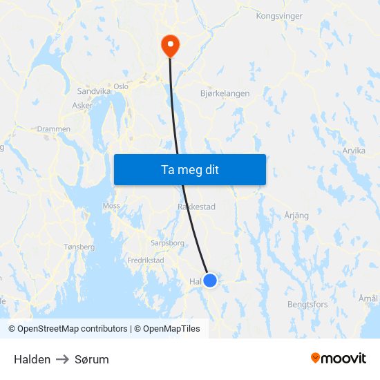 Halden to Sørum map