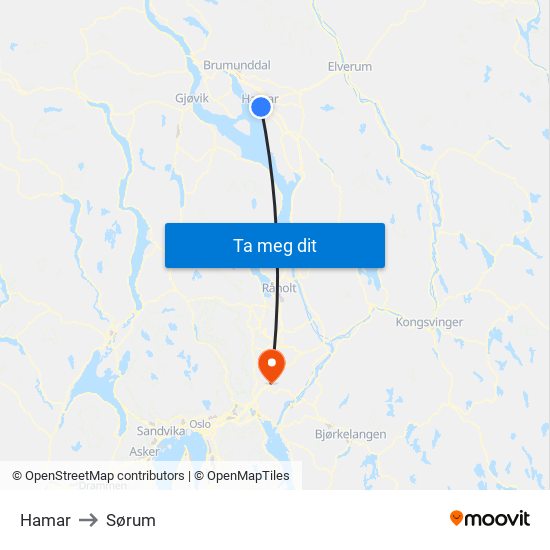 Hamar to Sørum map