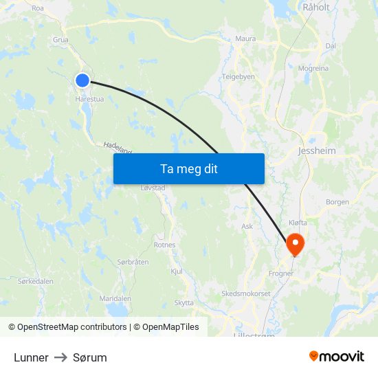 Lunner to Sørum map