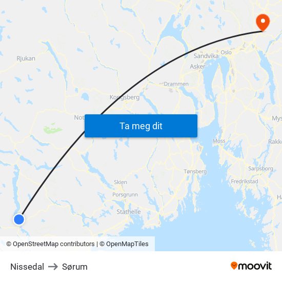 Nissedal to Sørum map