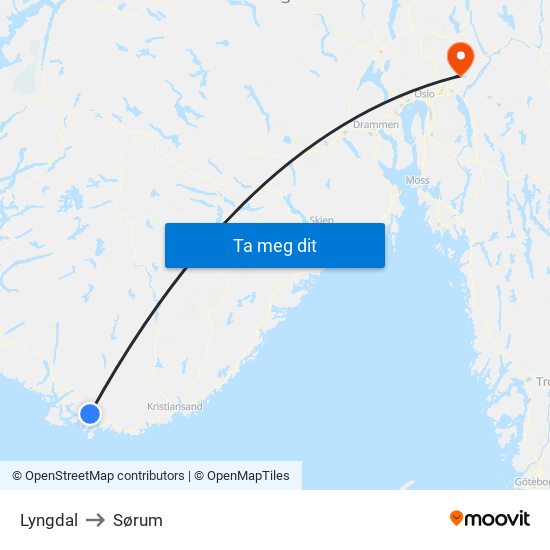 Lyngdal to Sørum map