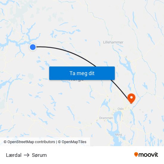 Lærdal to Sørum map