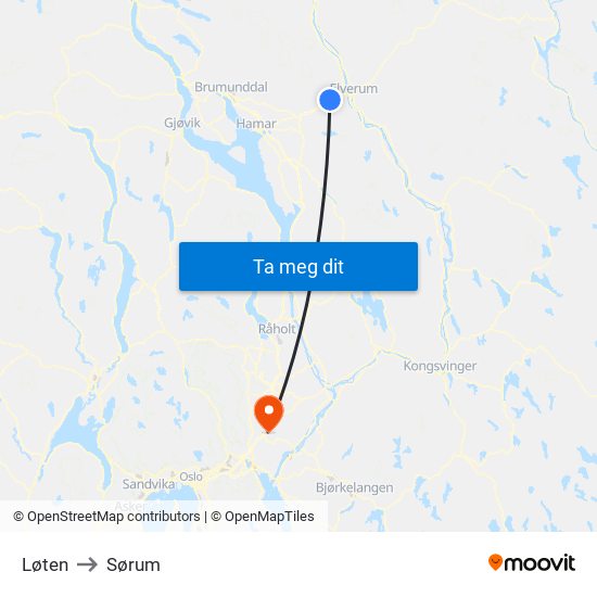 Løten to Sørum map