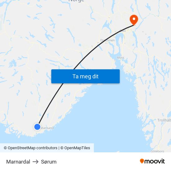 Marnardal to Sørum map