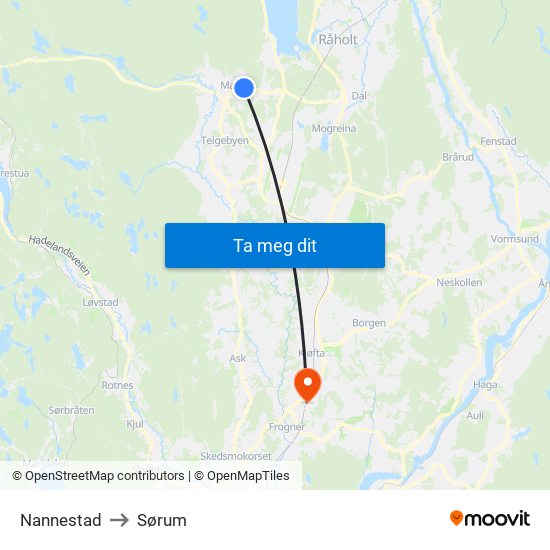 Nannestad to Sørum map