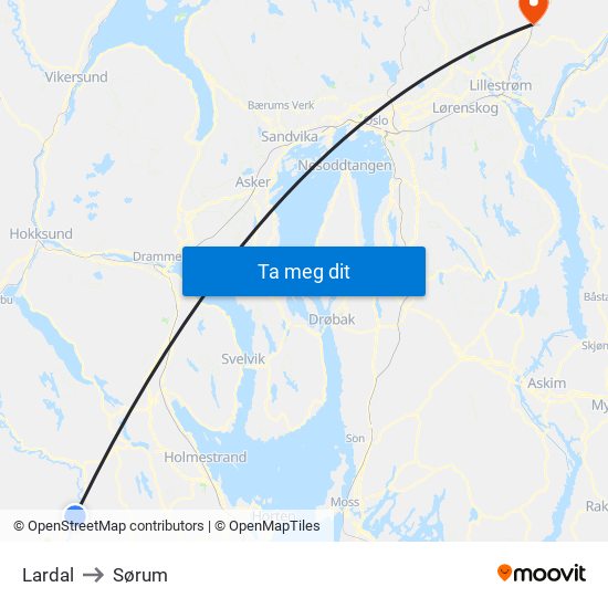 Lardal to Sørum map