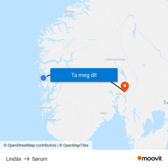 Lindås to Sørum map
