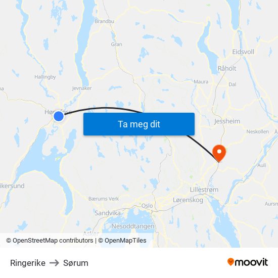 Ringerike to Sørum map