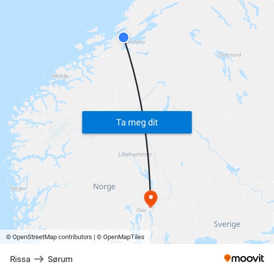 Rissa to Sørum map