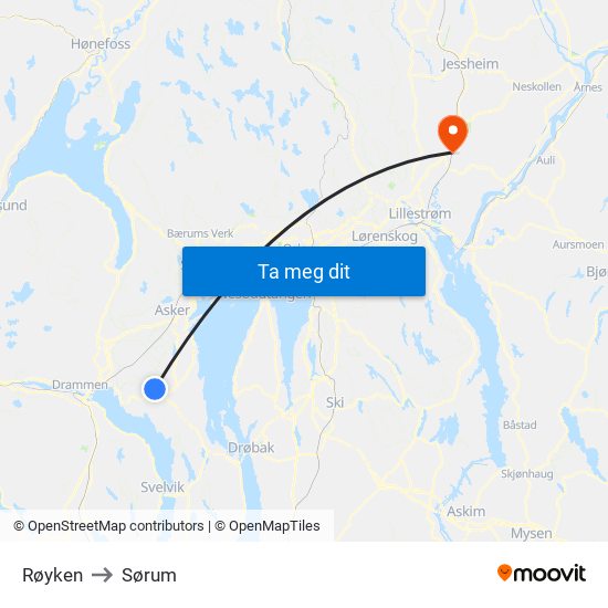 Røyken to Sørum map