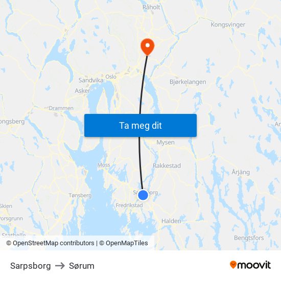 Sarpsborg to Sørum map