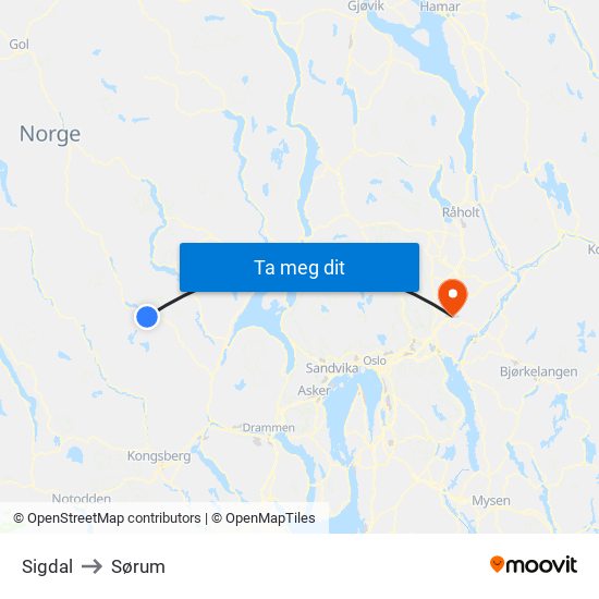 Sigdal to Sørum map
