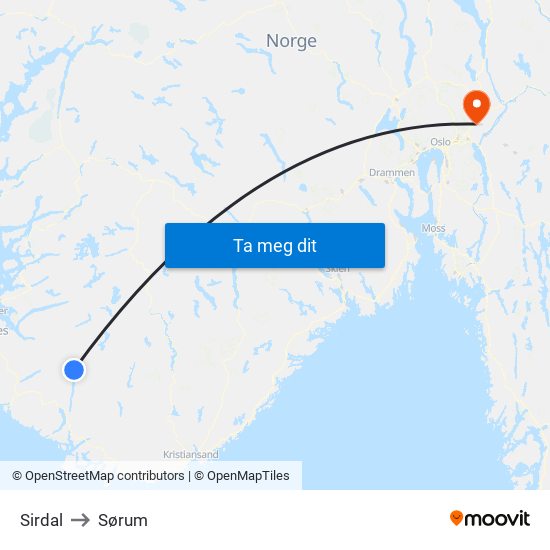 Sirdal to Sørum map