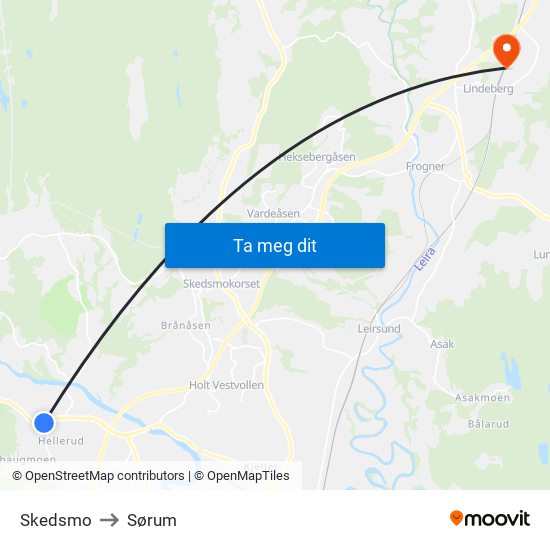 Skedsmo to Sørum map
