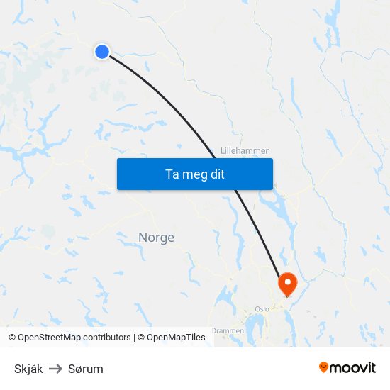 Skjåk to Sørum map