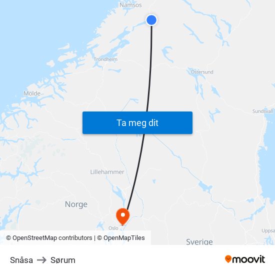 Snåsa to Sørum map