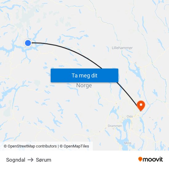 Sogndal to Sørum map
