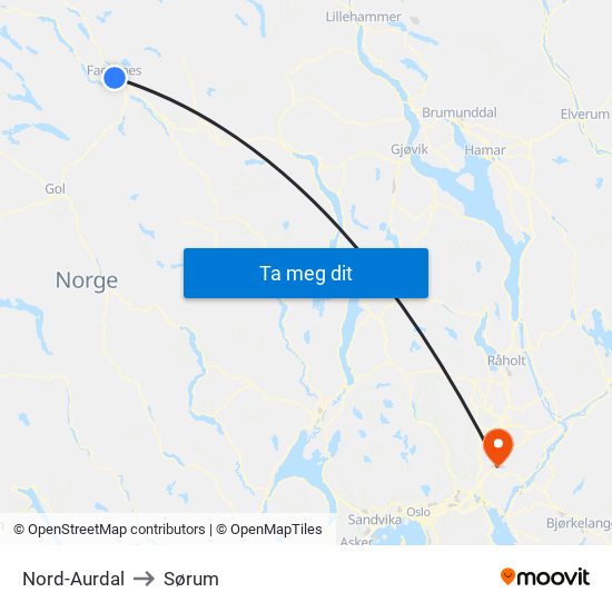 Nord-Aurdal to Sørum map