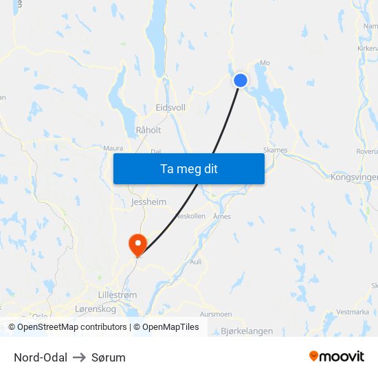 Nord-Odal to Sørum map