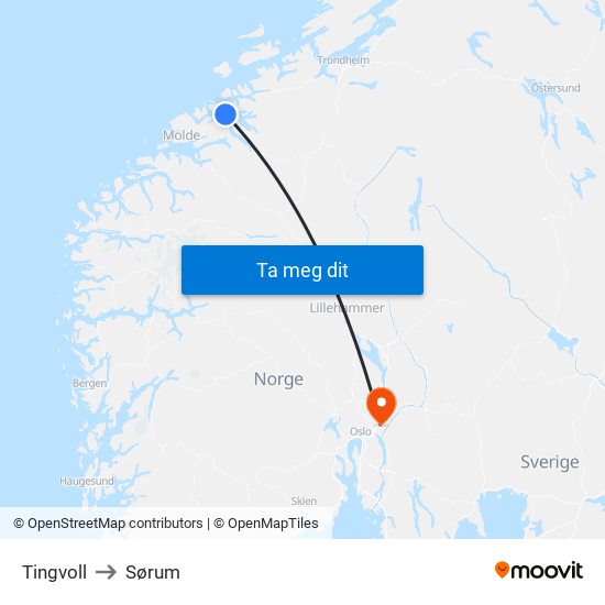 Tingvoll to Sørum map