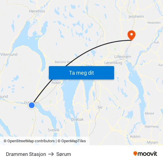 Drammen Stasjon to Sørum map