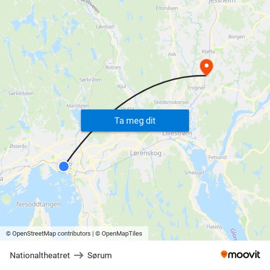 Nationaltheatret to Sørum map