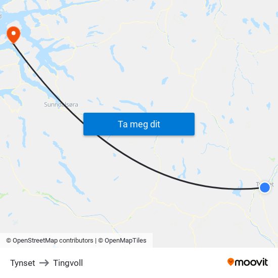 Tynset to Tingvoll map