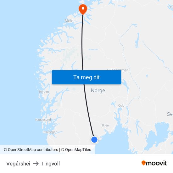 Vegårshei to Tingvoll map