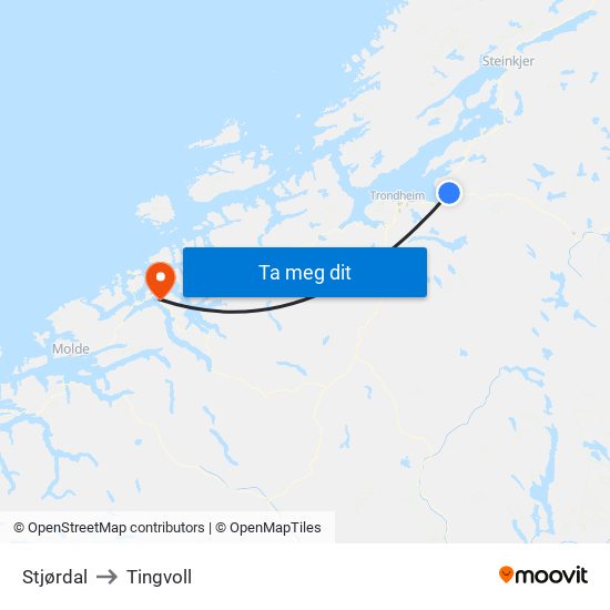 Stjørdal to Tingvoll map