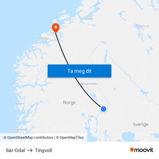 Sør-Odal to Tingvoll map