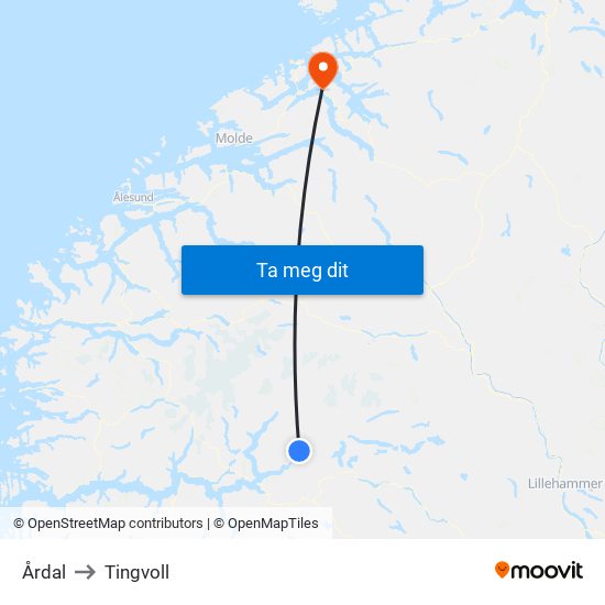 Årdal to Tingvoll map