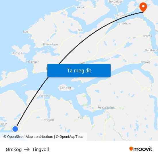 Ørskog to Tingvoll map