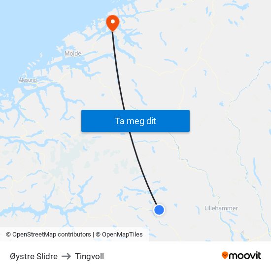 Øystre Slidre to Tingvoll map