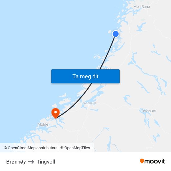 Brønnøy to Tingvoll map