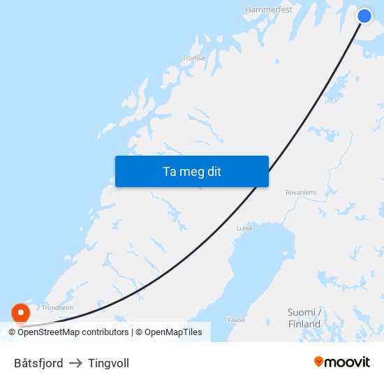 Båtsfjord to Tingvoll map