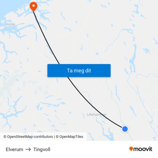 Elverum to Tingvoll map