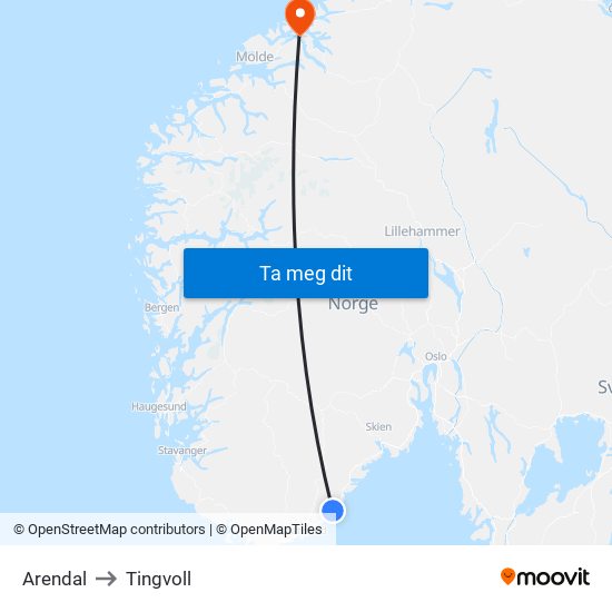 Arendal to Tingvoll map