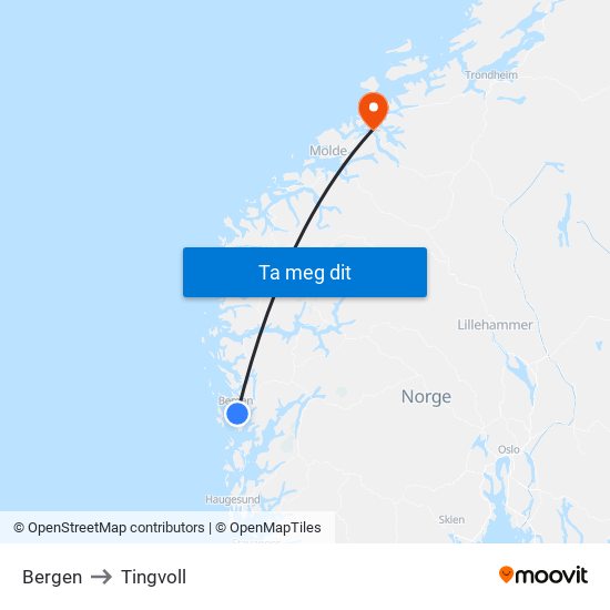 Bergen to Tingvoll map