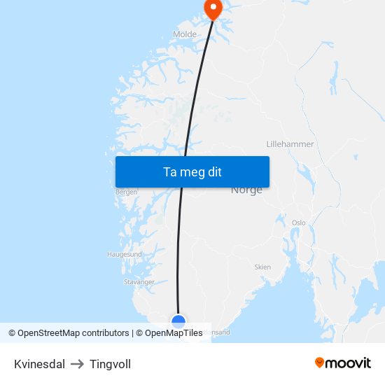 Kvinesdal to Tingvoll map