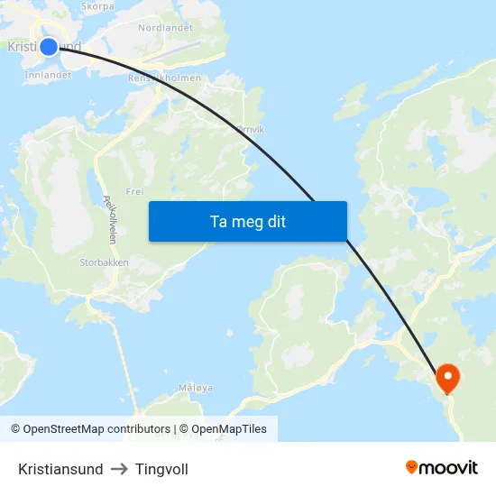 Kristiansund to Tingvoll map