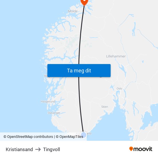 Kristiansand to Tingvoll map