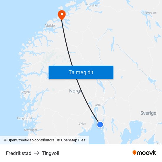 Fredrikstad to Tingvoll map