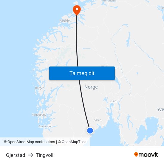 Gjerstad to Tingvoll map