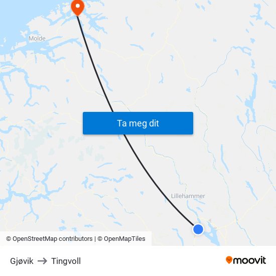 Gjøvik to Tingvoll map